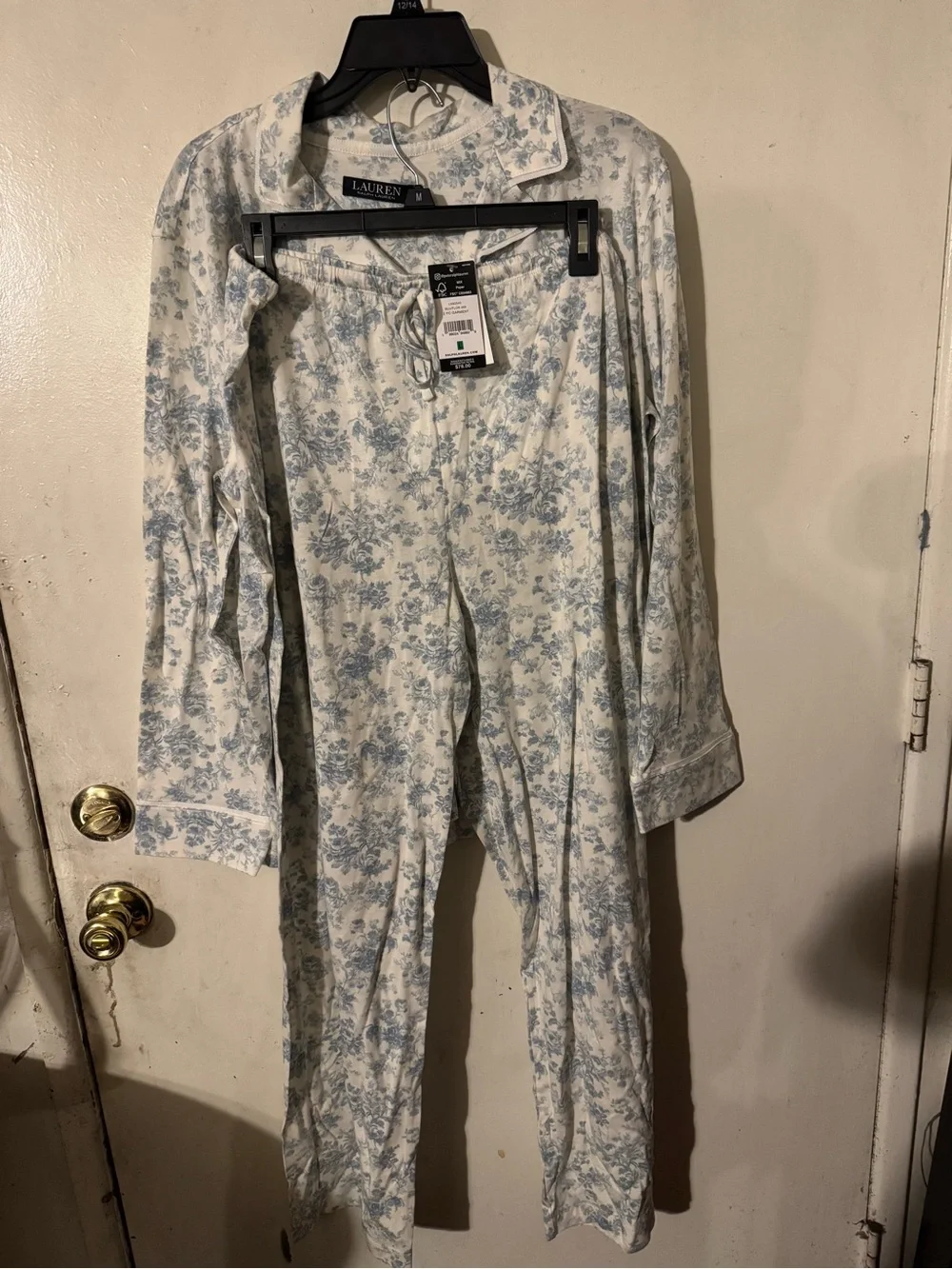 Lauren Ralph Lauren White Pajama Set with Blue Floral Print